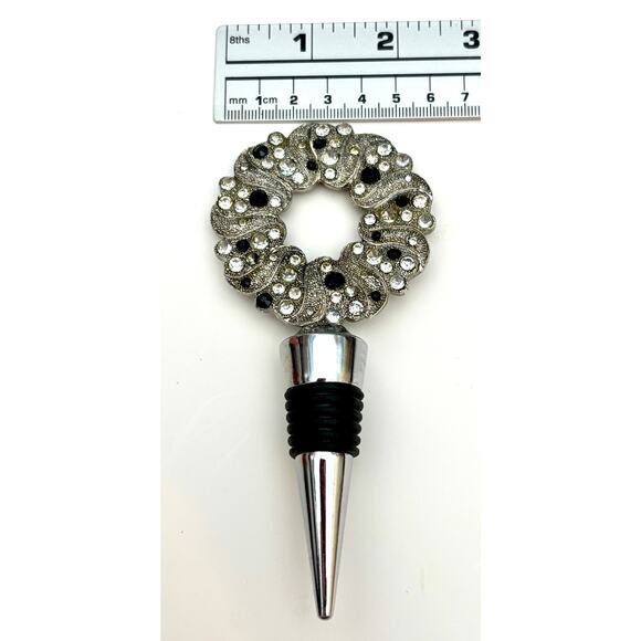 Silver Toned Black and Clear Rhinestone Wreath Wine Bottle Stopper Stocking Gift - Picture 6 of 6